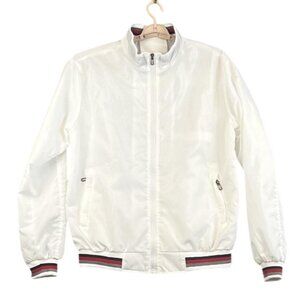 Bomber Jacket Mens XL White Striped Rib Trim Full Zip Pockets Lightweight Casual